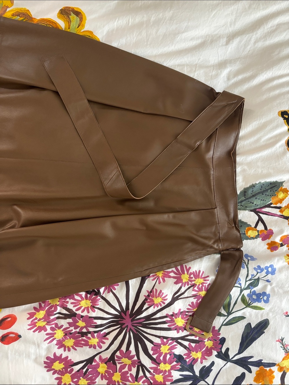 Brown 100% Leather A-Line Skirt with Belt (lined)